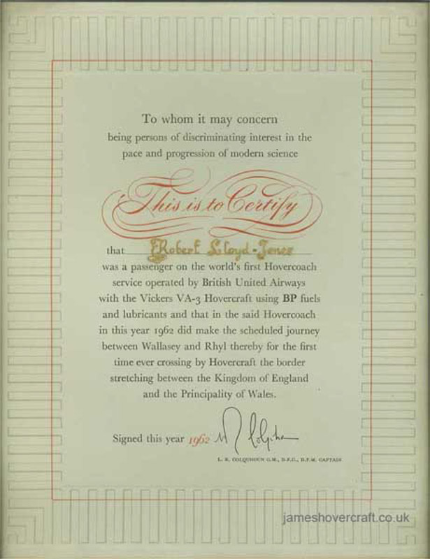 A trip on the VA-3 - Certificate of travel on the world's first hovercraft passenger service (Robert Lloyd-Jones).